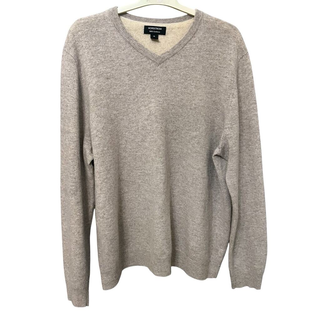 Nordstrom Mens Cashmere Sweater XL V Neck Pullover Beige Classic Preppy Casual
